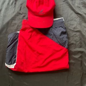 Men’s Nautica Swim Shorts 3x And Hat 1 Size Red/ Blue/ White